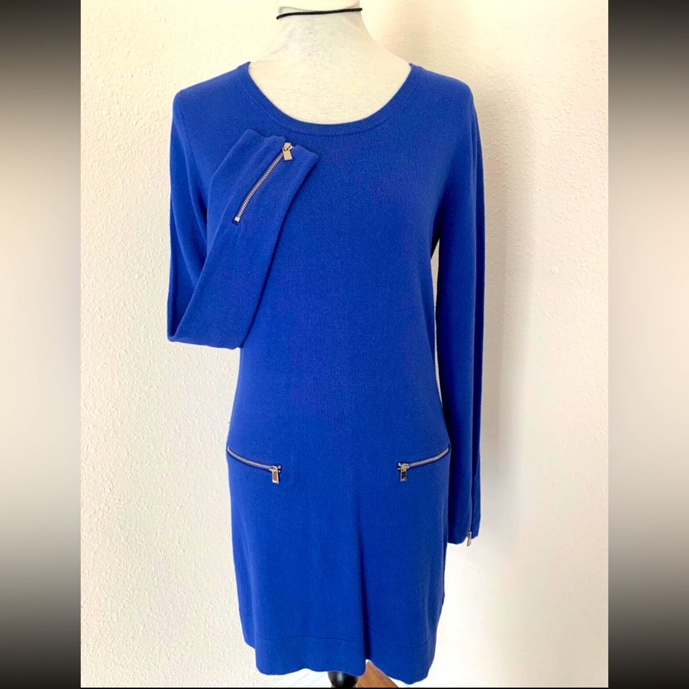 Michael Kors Women’s Blue Knitted Sweater Dress Fitted Zipper Long Sleeve Sz M